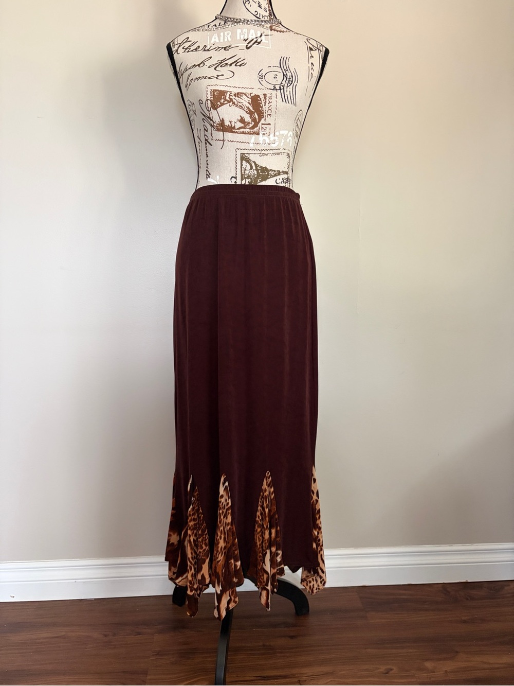 Vintage Y2K Brown Maxi Skirt Leopard Print Ruffle Hem Asymmetrical Boho Fairy